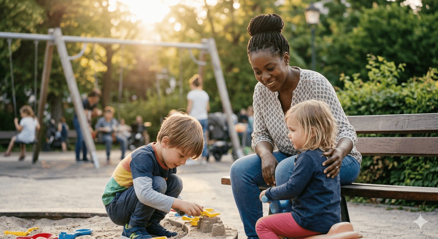 Une nounou joue avec deux enfants dans un parc